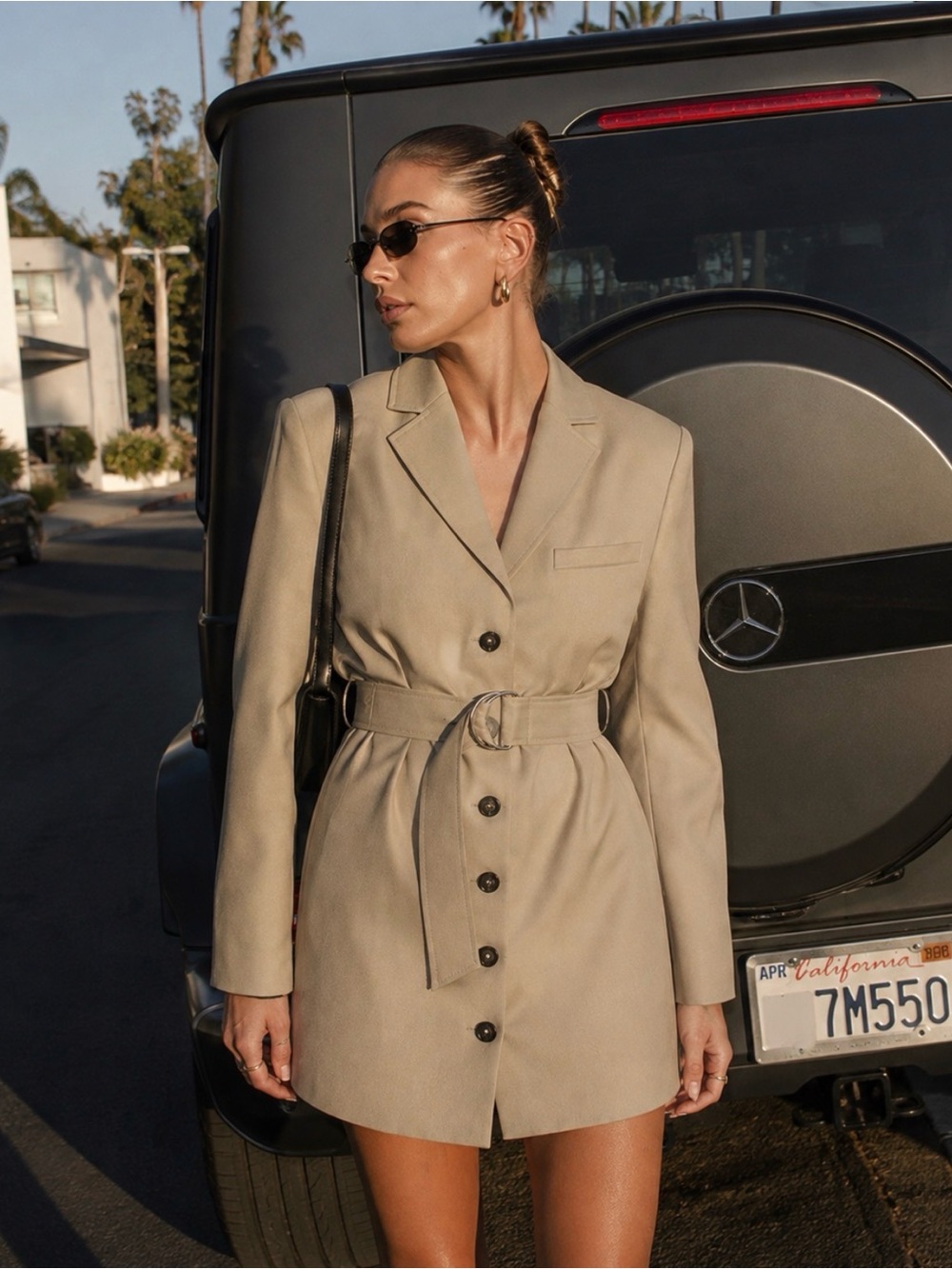 ANINE BING Belted Wool Blazer Dress Taupe Size L NWT